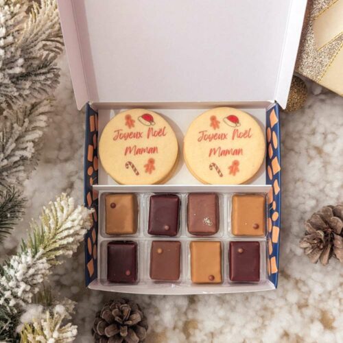 biscuits personnalisés et chocolats cadeau de noel idée Coffret Le Charmant, cadeau de Noël personnalisé