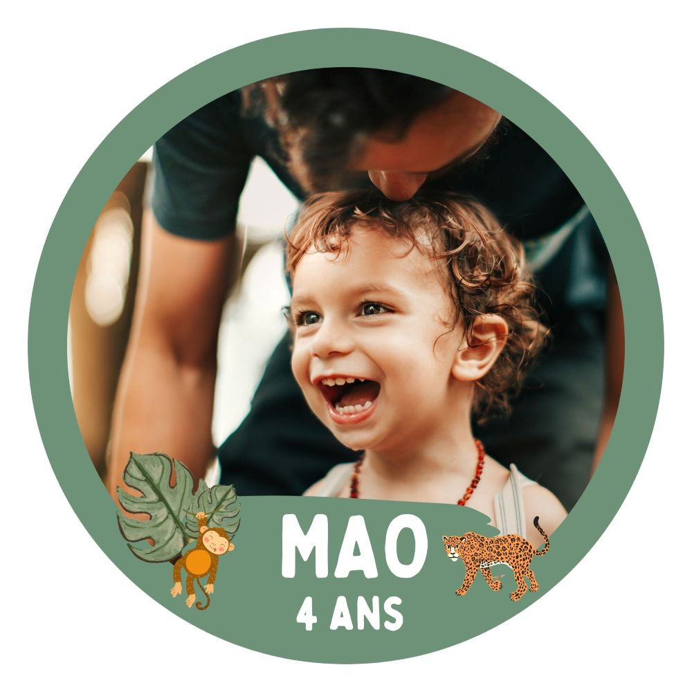 Feuille comestible ronde jungle avec photo et texte pour gâteau