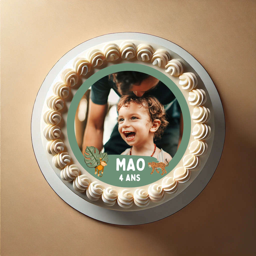 Photo gateau anniversaire enfant Décor en sucre jungle avec photo personnalisée pour anniversaire