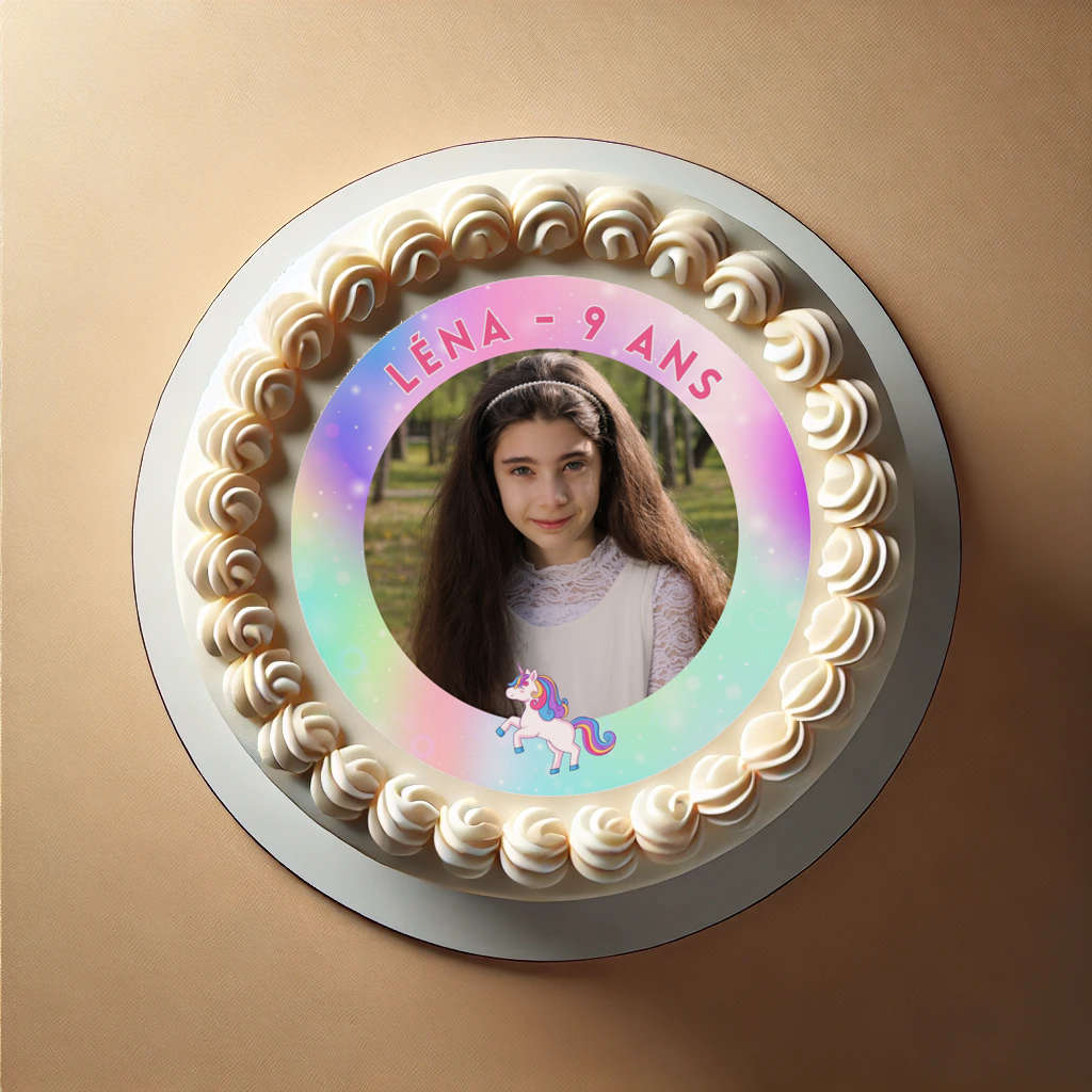 decor gateau anniversaire fille Feuille comestible licorne avec photo et texte personnalisé