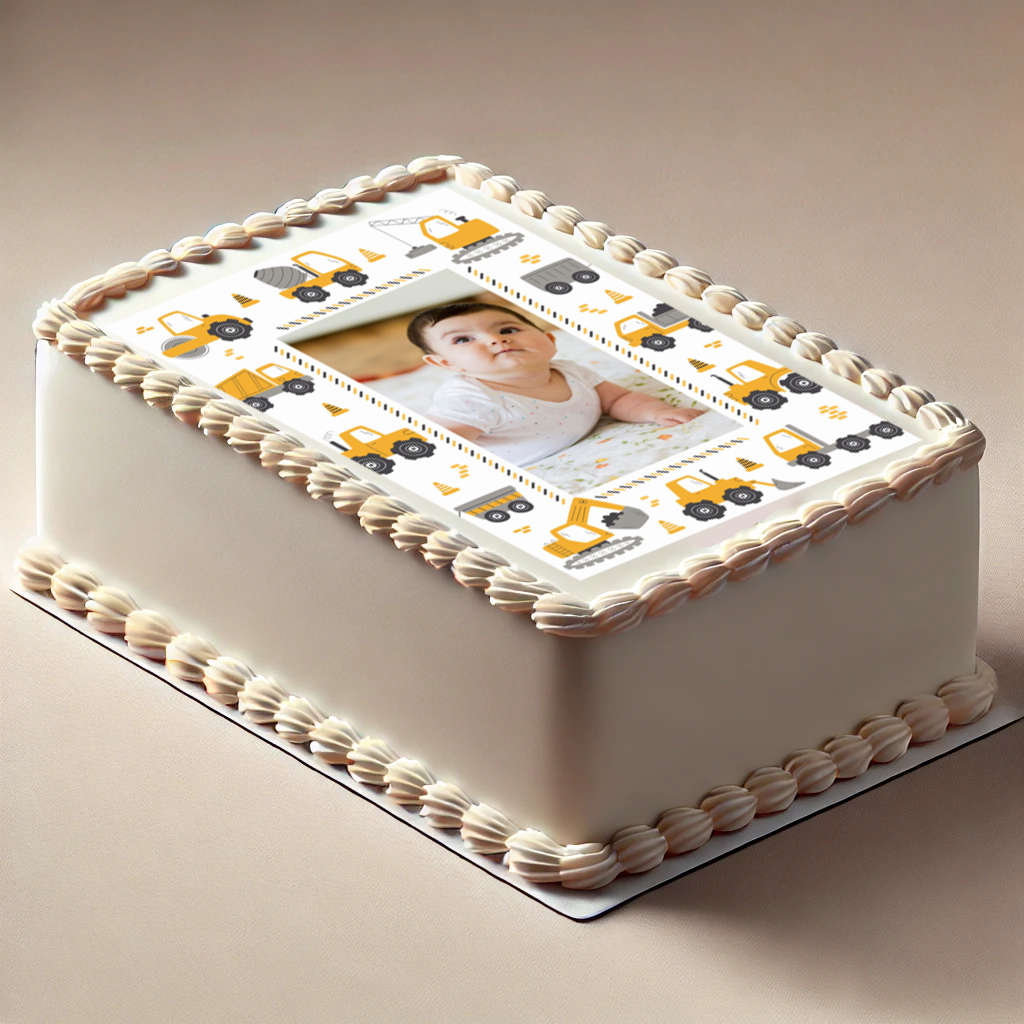 Feuille comestible chantier avec tracteur, travaux et photo personnalisée