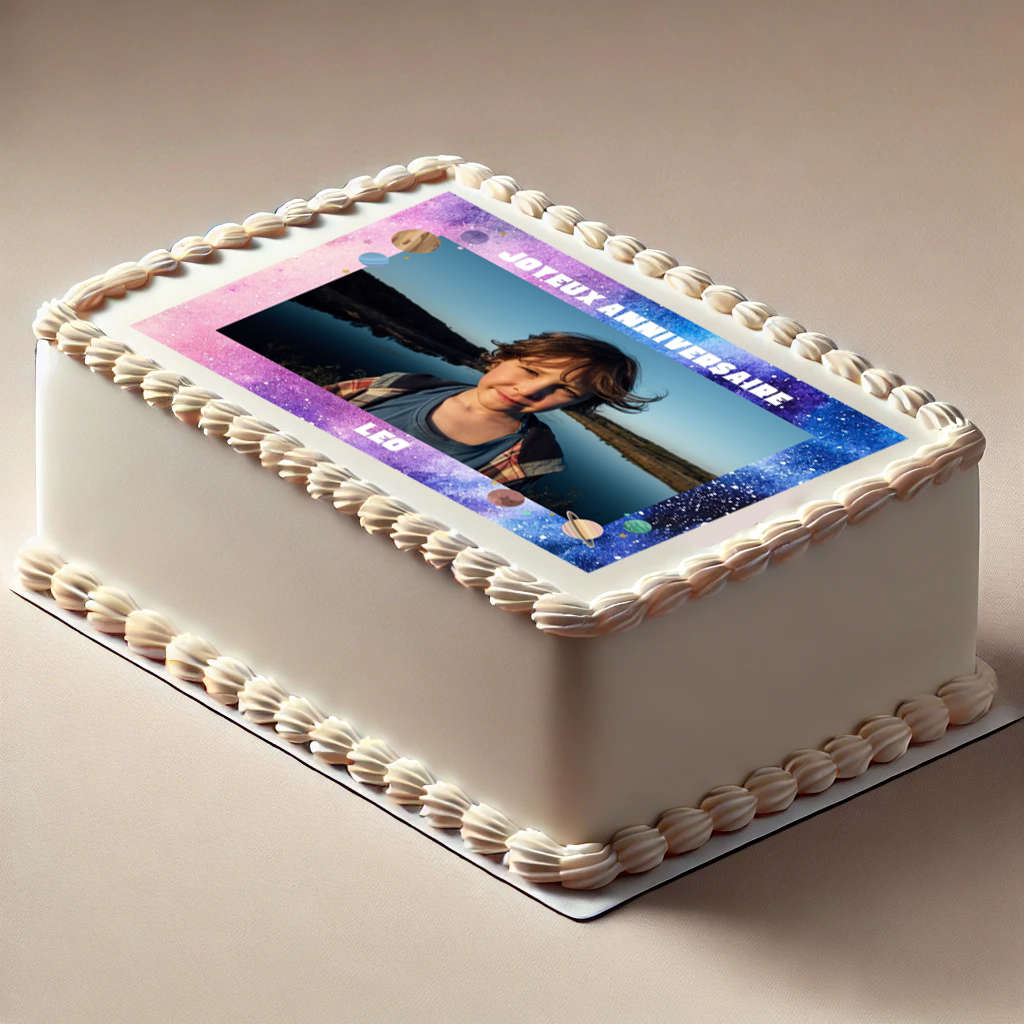 Décor en sucre espace avec impression photo et texte personnalisé