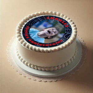 "Feuille comestible Spiderman avec photo et message pour gâteau