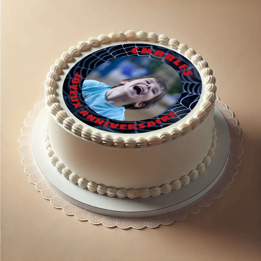 "Feuille comestible Spiderman avec photo et message pour gâteau