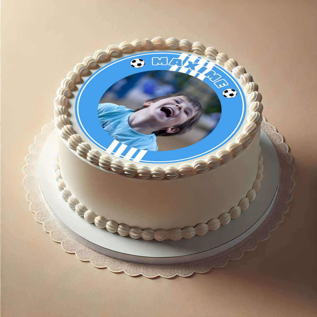 Décor en sucre rond OM avec photo et message personnalisé