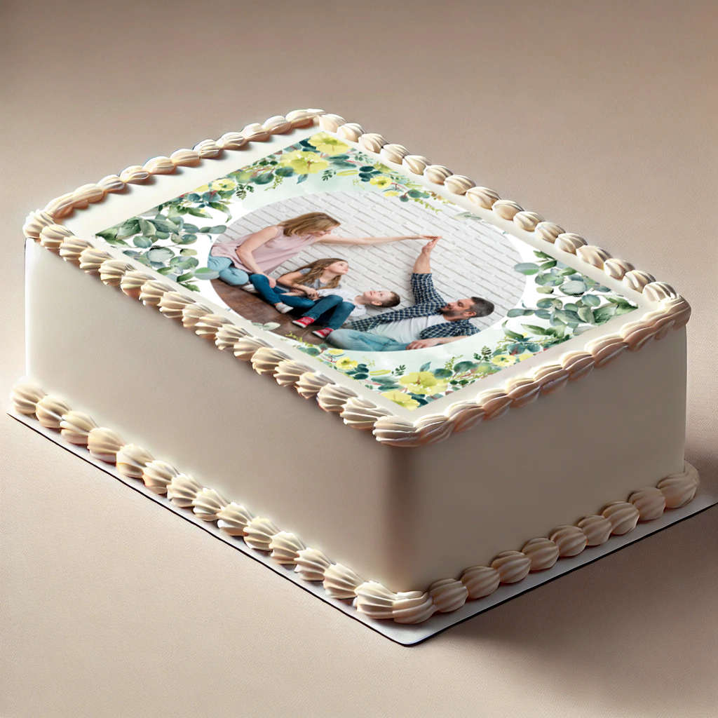 Décor en sucre rectangle avec photo et motif feuillage