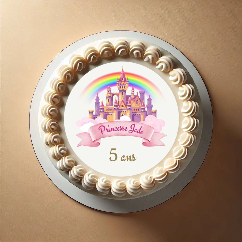 photo princesse gâteau Feuille comestible avec un arc en ciel pour un gâteau princesse personnalisé.