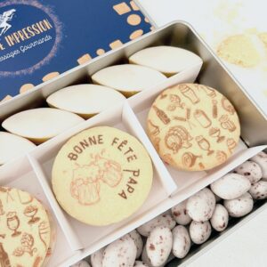 Coffret personnalisé fête des pères HAPPY avec biscuits 'Super Papa', calissons artisanaux et gourmandises croustillantes – Cadeau papa personnalisé