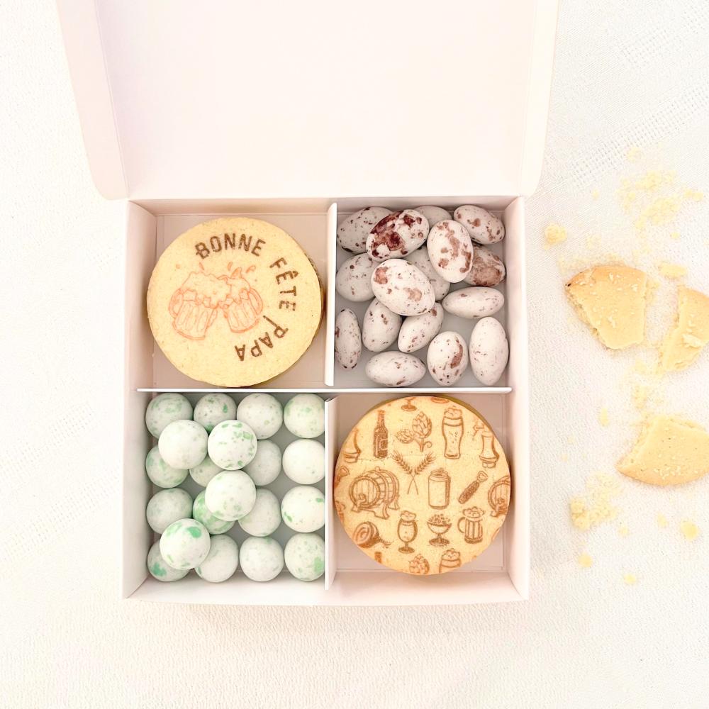 Coffret fête des pères biscuits personnalisés, macao et billes croustillantes chocolat