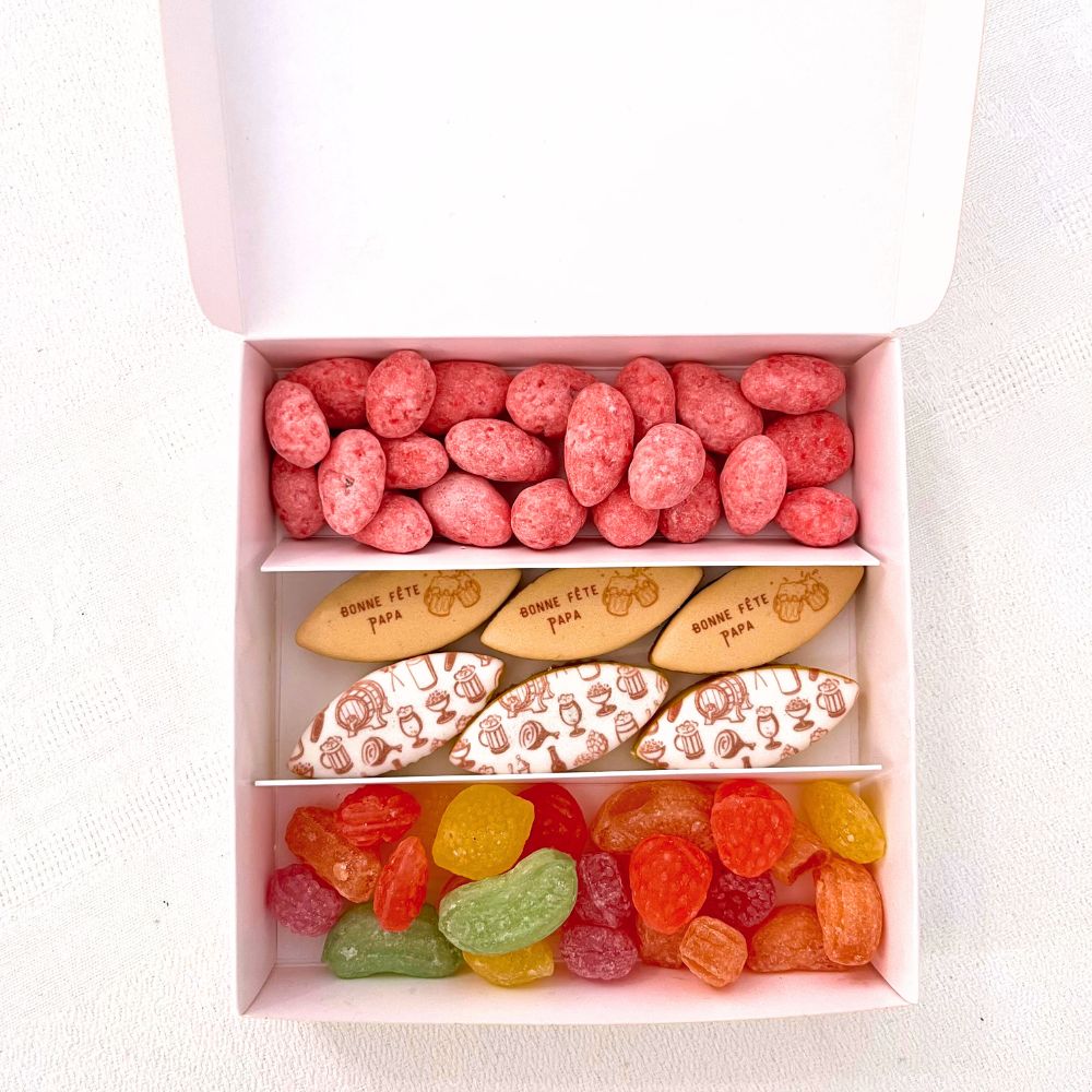 Coffret Sunny Fête des Pères – Cadeau personnalisé avec calissons d'aix,bonbons artisanaux à l'ancienne, amandes enrobés de sucre rose pour papa.