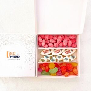 Coffret Sunny fête des pères – Cadeau personnalisé avec calissons d'Aix, bonbons artisanaux et pralines roses pour papa.