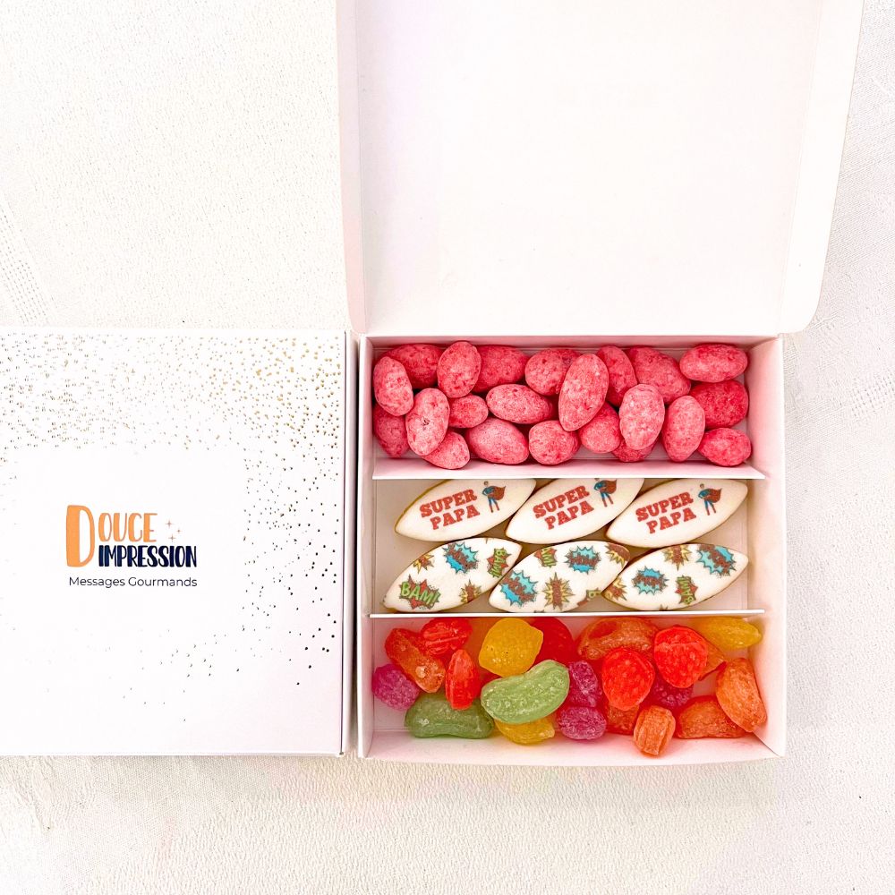 Coffret Sunny fête des pères – Cadeau personnalisé avec calissons d'Aix, bonbons artisanaux et pralines roses pour papa.