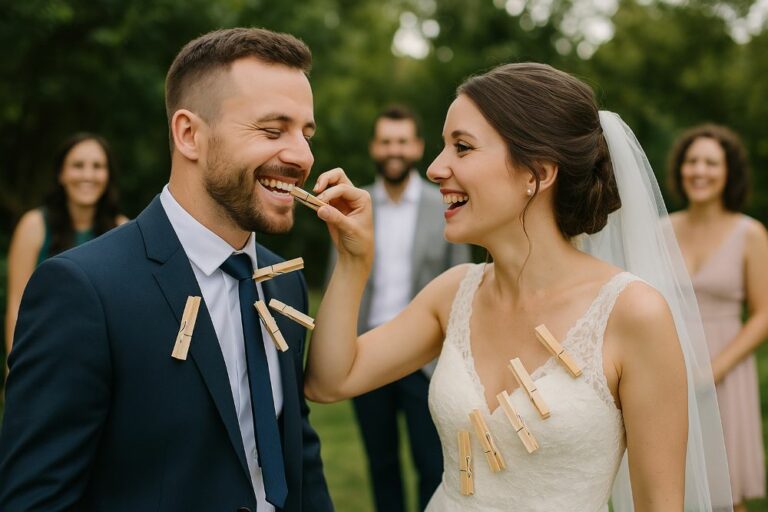 Jeu de mariage de la pince à linge entre les mariés