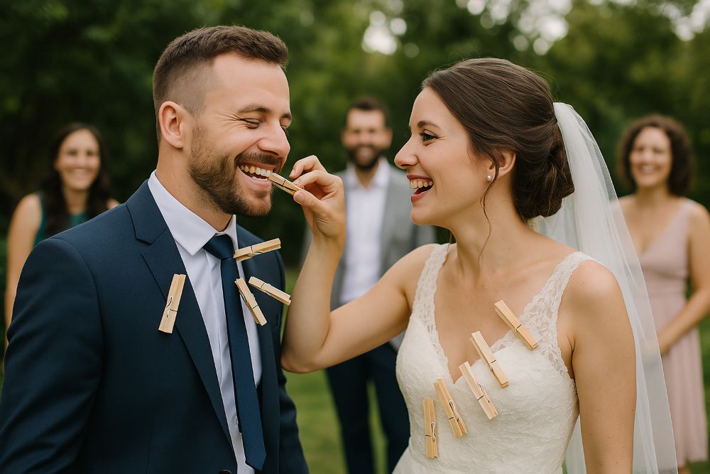 Jeu de mariage de la pince à linge entre les mariés