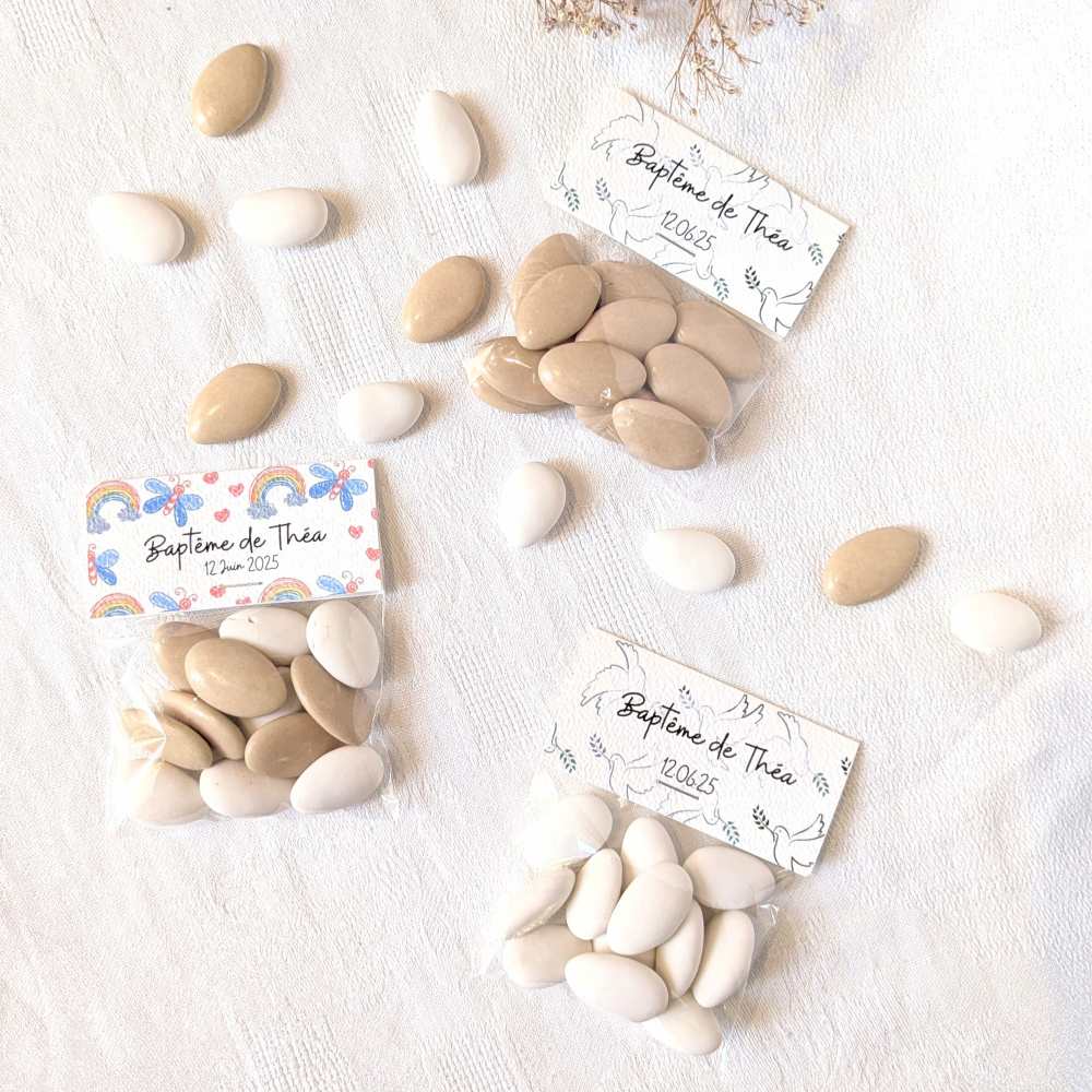 Pochons aumoniere de dragées pour bapteme Dragées bapteme personnalisés