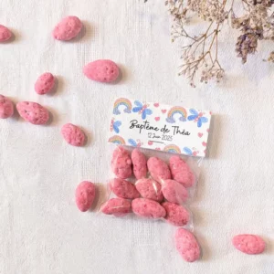 pralines roses artisanales pour baptême en sachet personnalisé