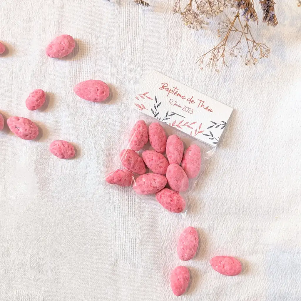 cadeau baptême pralines roses sachet transparent