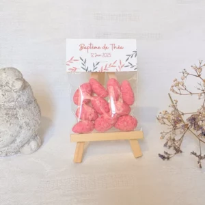 sachet gourmand baptême avec pralines roses personnalisées