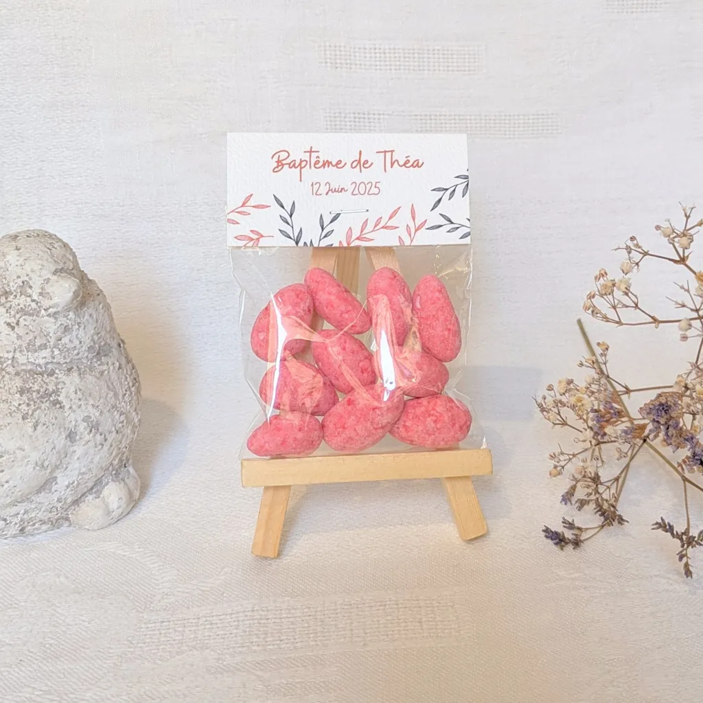 sachet gourmand baptême avec pralines roses personnalisées