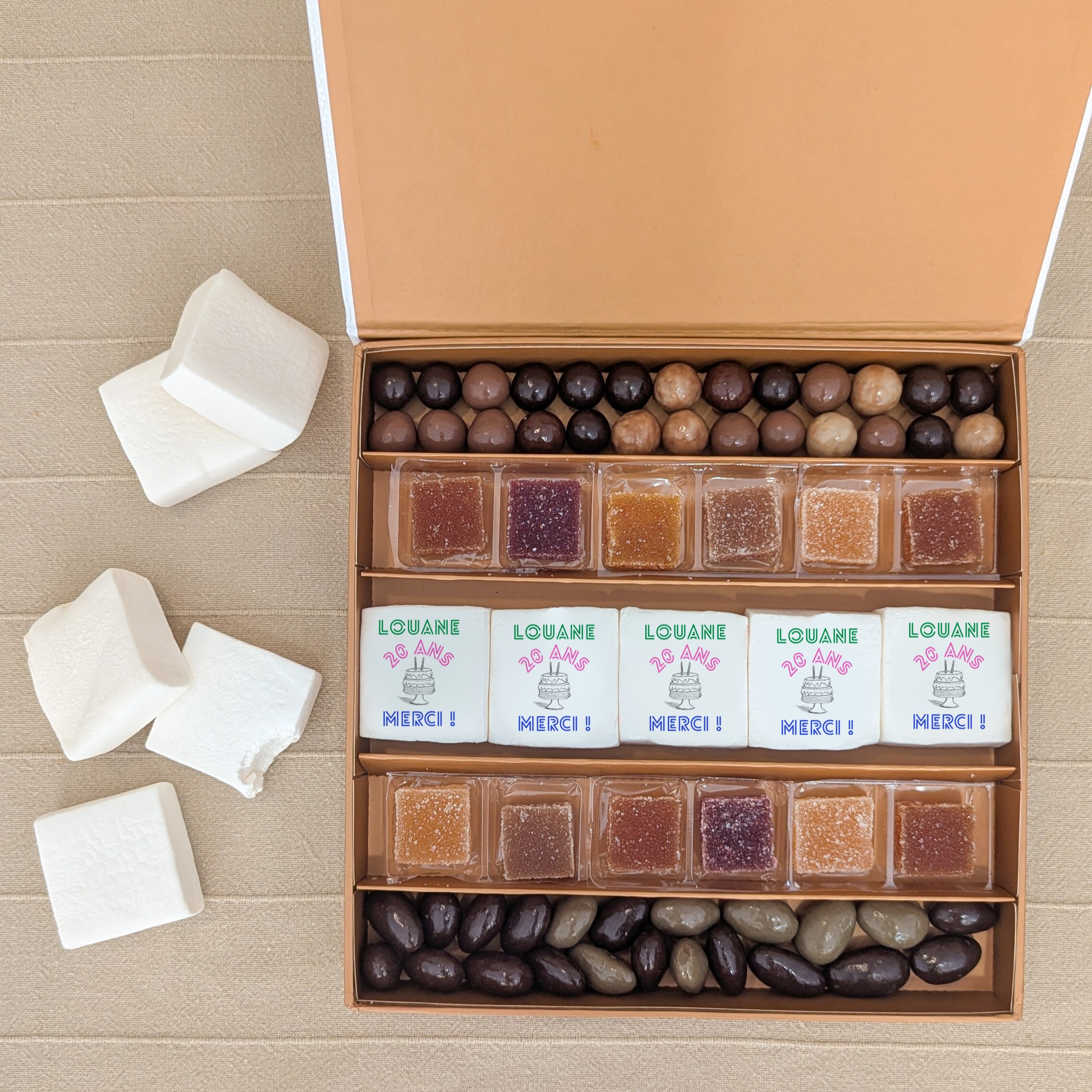 coffret gourmand personnalisé pour anniversaire Coffret cadeau anniversaire avec guimauves personnalisées, pâtes de fruits artisanales et chocolats