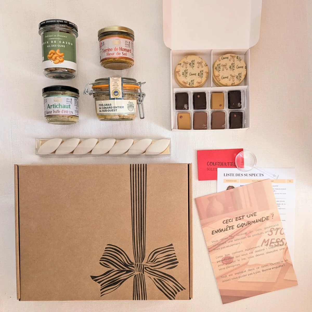 coffret gourmand provençal de noël, box gourmet avec enquête, alternative panier garni